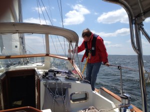 Frank testing the jack lines - things that keep you tethered to the boat in bad weather