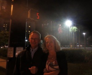 Walking to dinner . . . lights on the sides of the buildings.