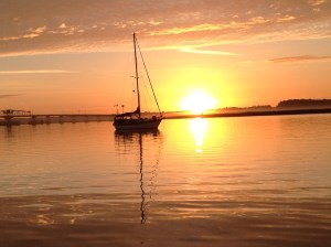 Sunset at the anchorage by Beaufort. This was the last nice night (weather-wise) for many nights. Another cold snap set in the next day.
