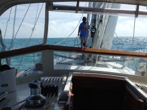 Frank on the bow watching for coral heads. 