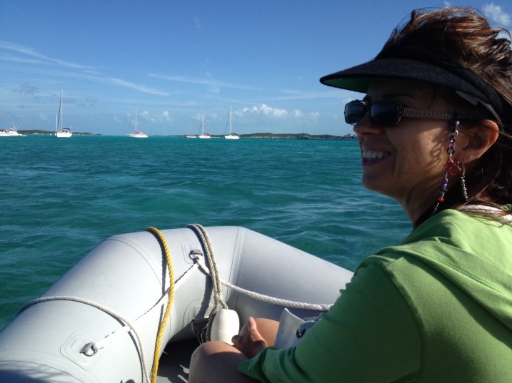 Annette at the front of the dinghy, Nancy driving for ladies day in town! 