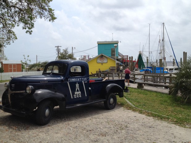 A cool, classic truck with an old SeaTow logo as we walk into Southport.