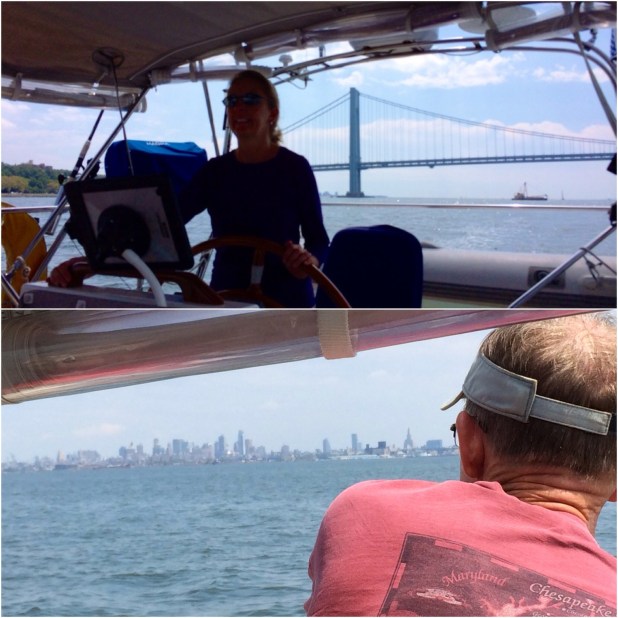Ems at the wheel for the first part of NYC; Frank admiring the first sight of the city.
