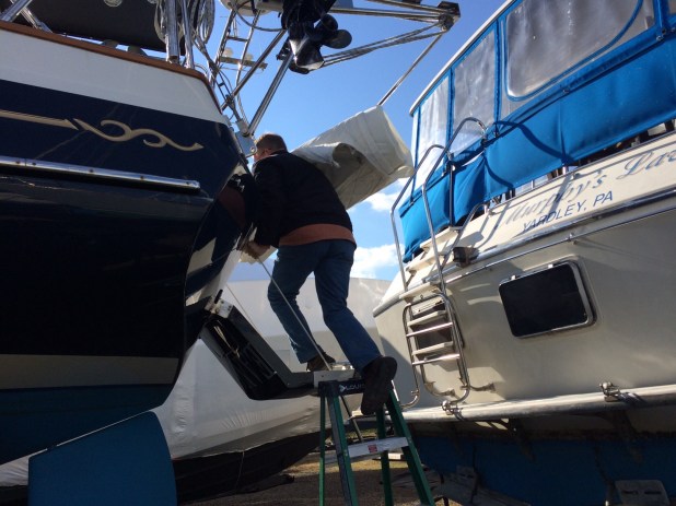 Second trip back to the boat to finish winterizing. Taking the sails off and storing them down below.