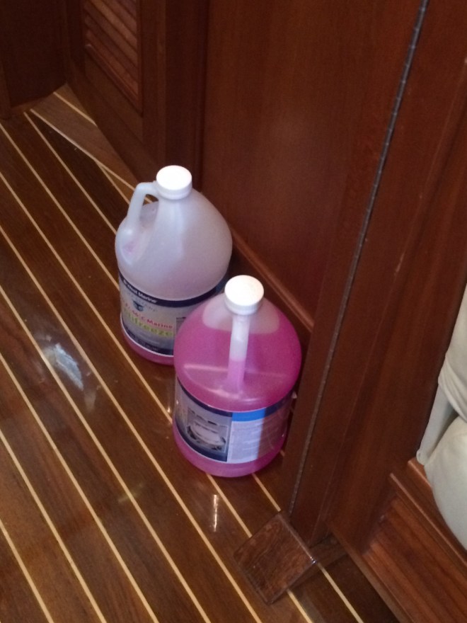 We went through MANY gallons of the pink antifreeze. It goes in all systems that use water, including engines. We did as much as we could before Eleanor Q's last trip. 